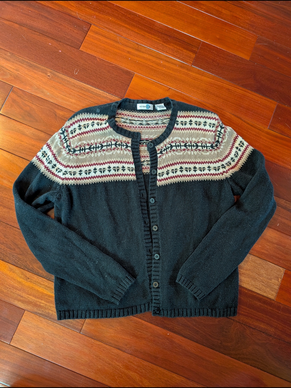 Women's Black Fair Isle Button-Front Cardigan Sweater - Picture 2 of 5